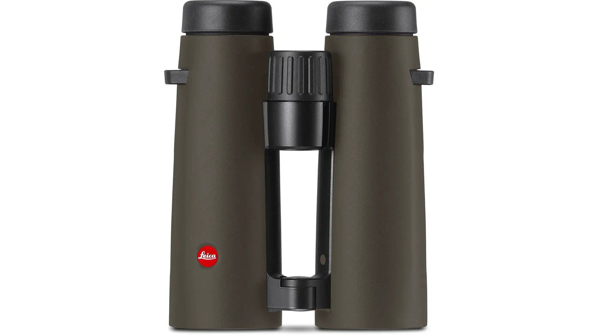 Olive green Leica binocular seen from the eyepiece end, with a red Leica dot (OpticsPlanet Noctivid 10x42 listing photo)