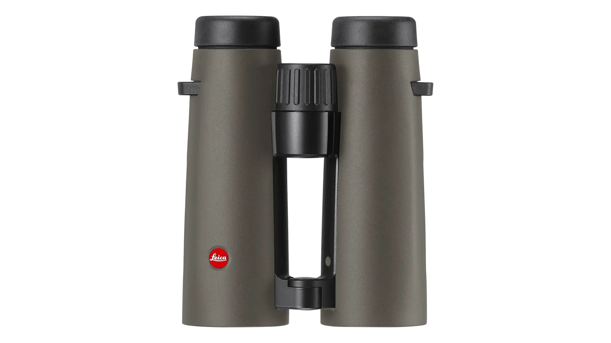 Olive green Leica binocular seen from the eyepiece end, black eyecups, ribbed focus wheel and a red Leica dot (OpticsPlanet Noctivid 8x42 listing photo)