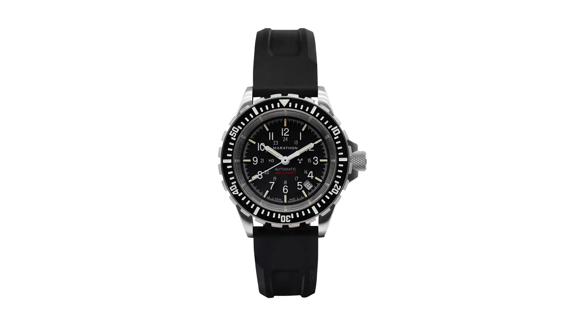 Marathon GSAR with a bright steel case, black bezel and black dial on a black rubber strap (a steel version, not the black Anthracite version we price)