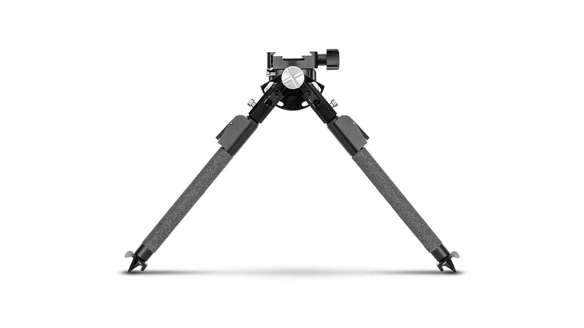Black bipod with grey textured leg wraps, splayed legs and a top clamp with side knob
