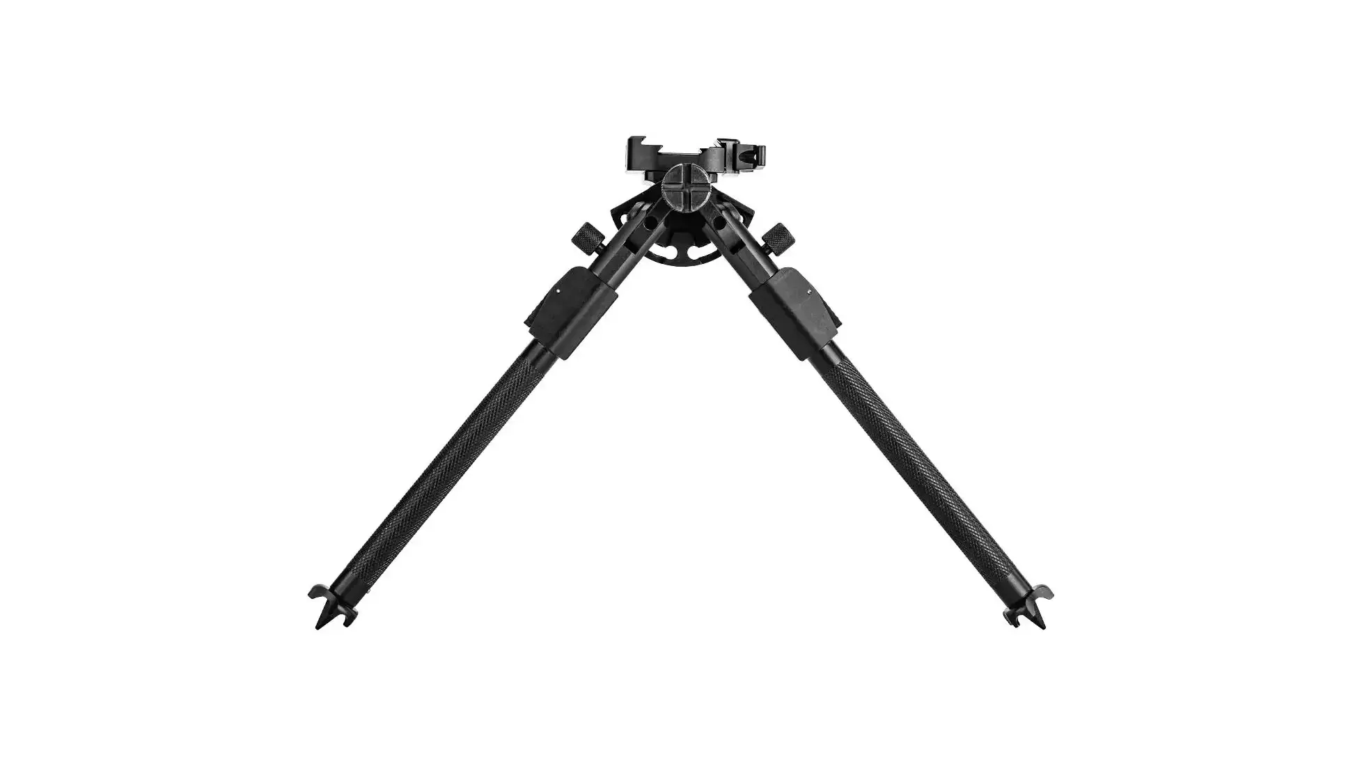 Black bipod with bare black legs, splayed, and a rail-style top clamp