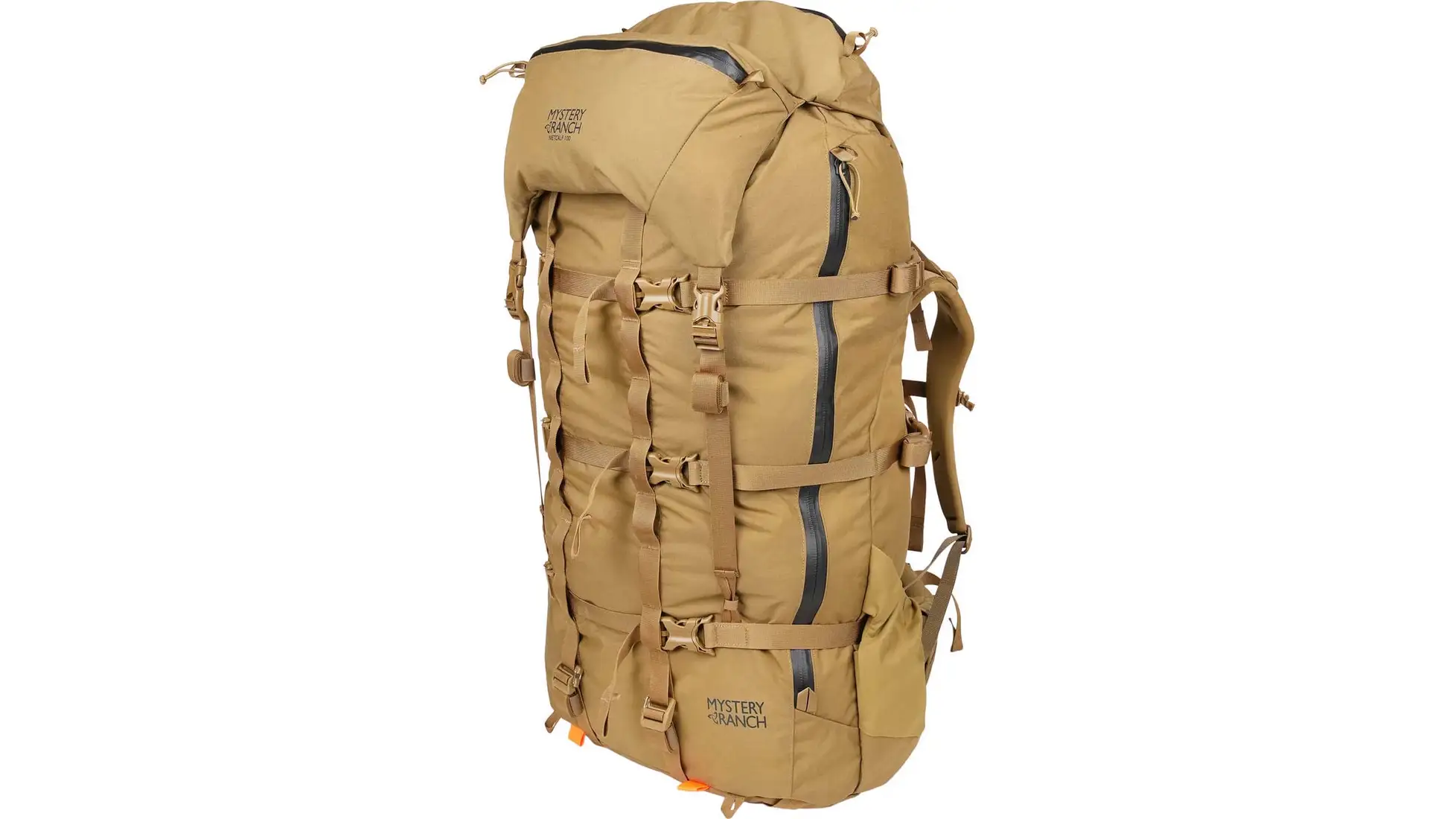 Metcalf 100 listing image: a tan Mystery Ranch backpack with front zippers, front view
