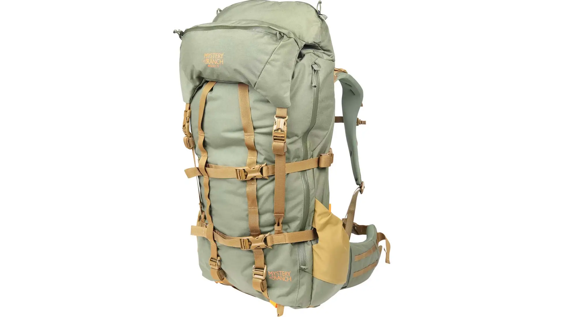 Metcalf 75 listing image: a sage-green Mystery Ranch backpack with tan straps, three-quarter view
