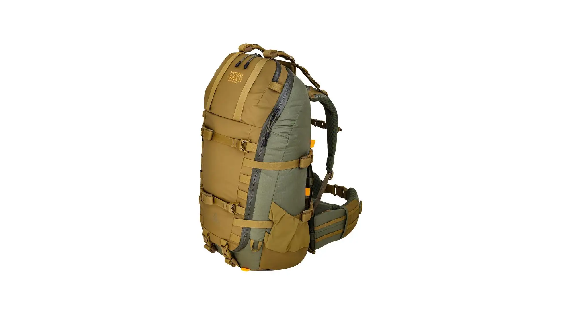 Mystery Ranch frame backpack in tan and green with top lid, compression straps, side pocket and padded hip belt