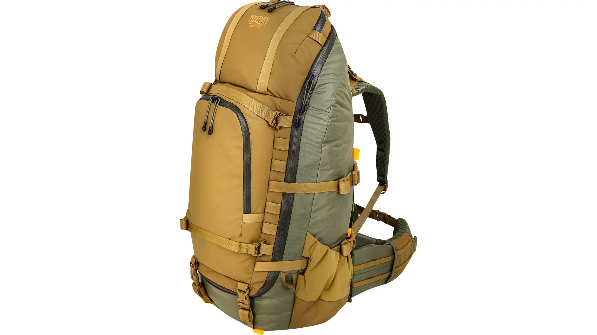 Mystery Ranch Sawtooth 65 backpack in tan and green with front pocket, compression straps and padded hip belt