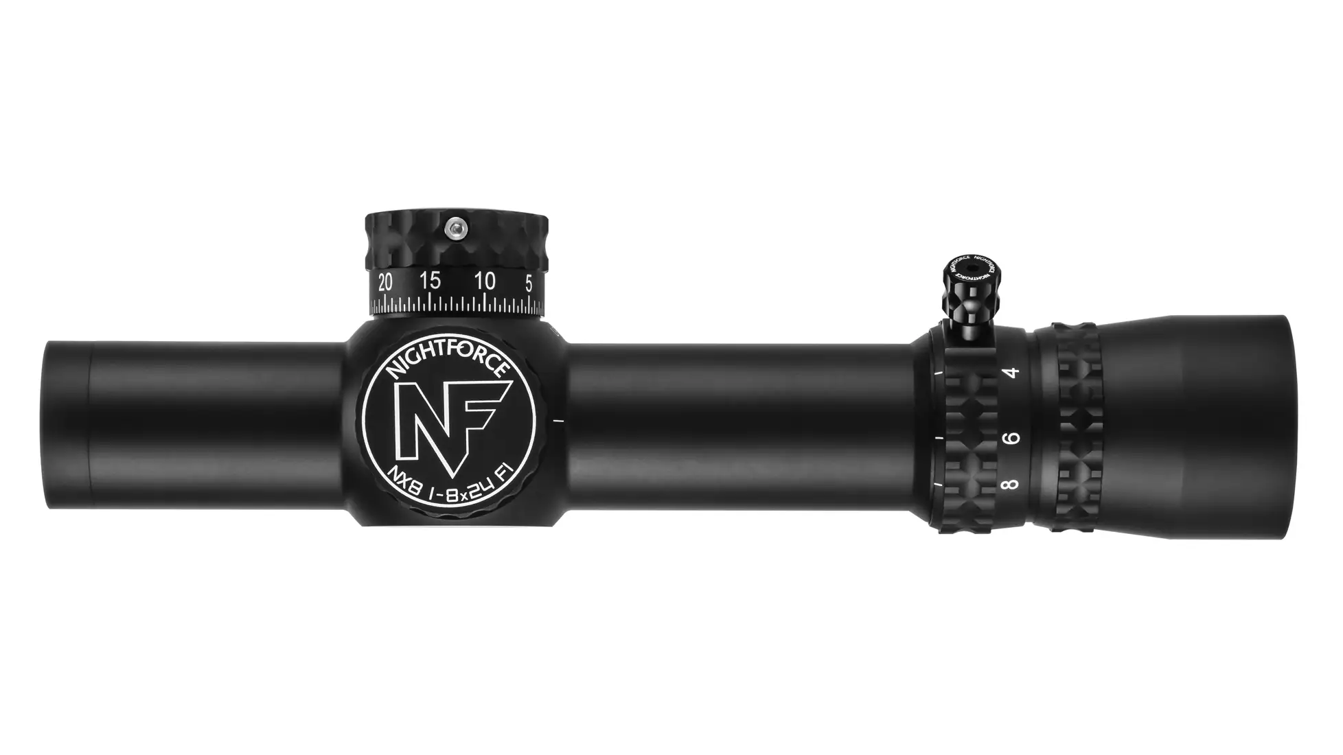 Nightforce NX8 1-8x24mm capped LPVO first focal plane rifle scope with 30mm tube in black