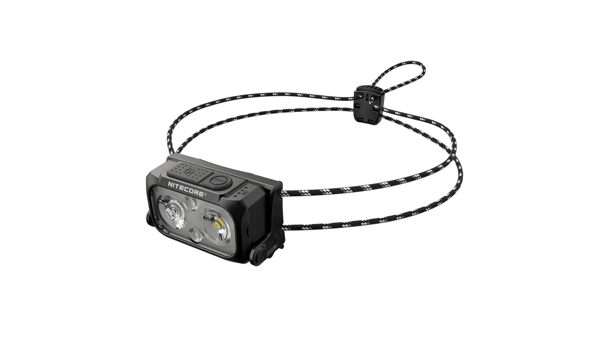 Nitecore NU25 UL headlamp in black on a black and white cord band