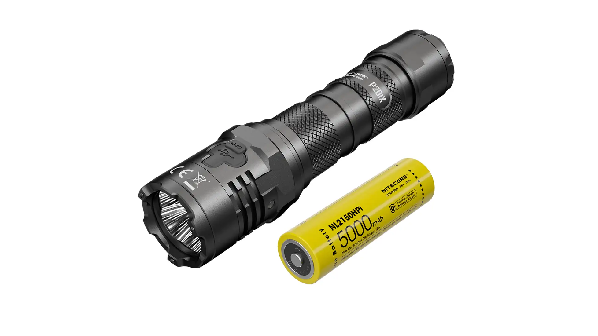 Nitecore P20iX flashlight in black, shown with a yellow Nitecore NL2150HPi 21700 battery