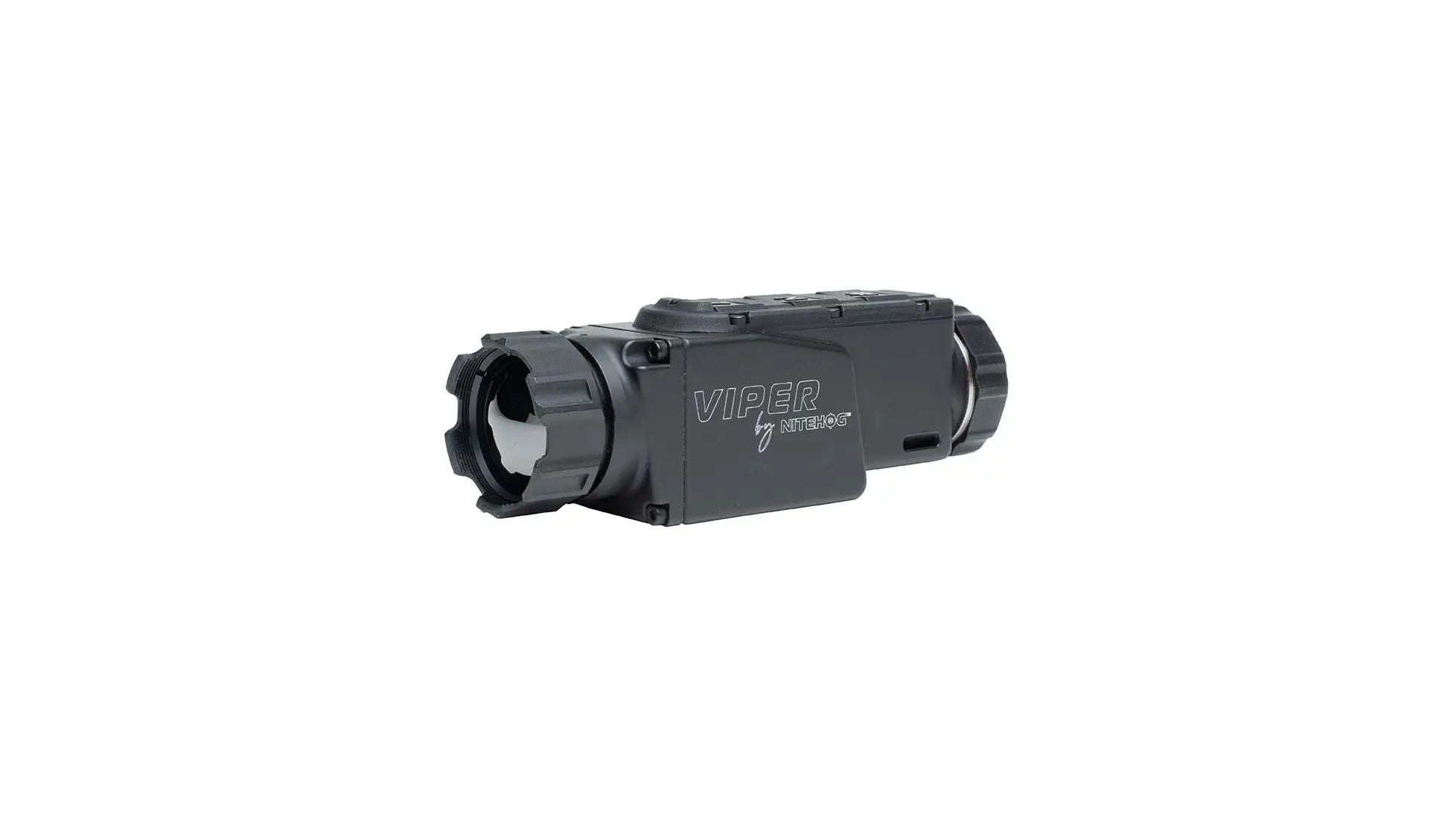 Black Nitehog Viper thermal unit with castellated lens end and top buttons (OpticsPlanet listing photo)