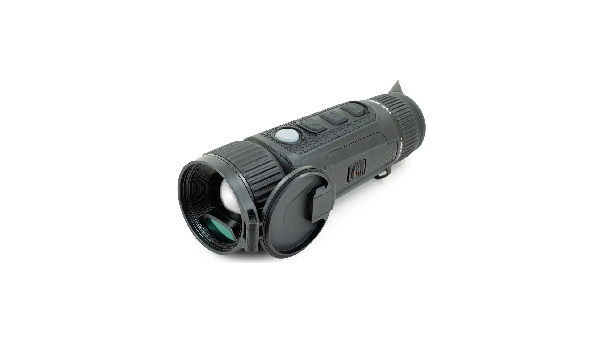 Nocpix Vista series thermal monocular with objective cap open (OpticsPlanet listing photo)