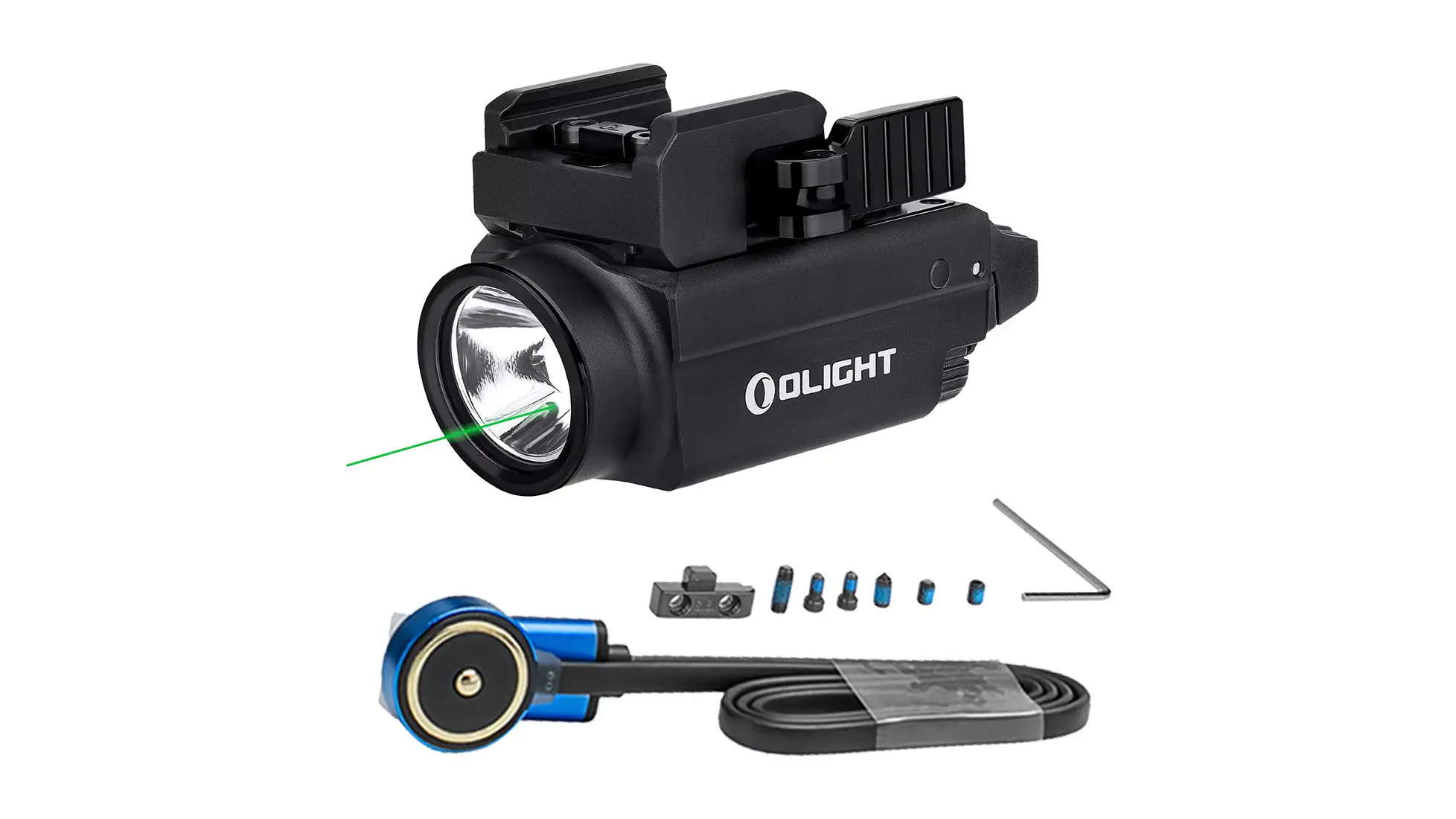 Olight Baldr S rail light in black with a green beam, shown with a blue-tipped cable, small mounting pieces and a hex key