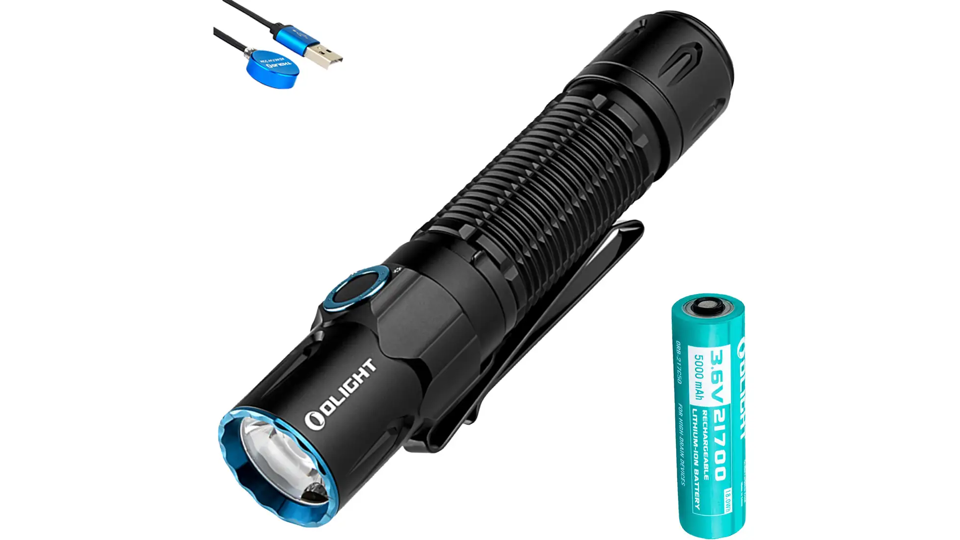 Olight Warrior 3S flashlight in black with a blue bezel, shown with a 21700 battery and a magnetic USB cable