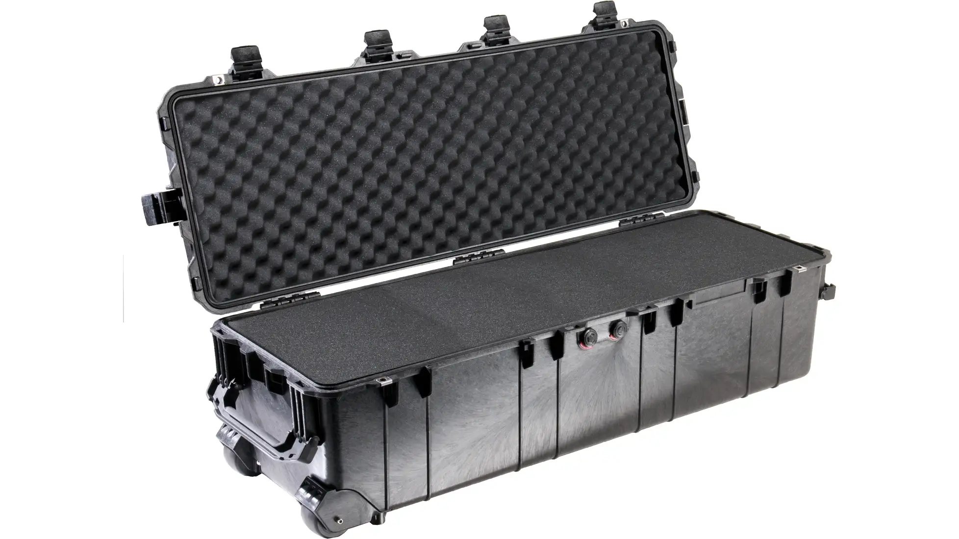 Pelican 1740 listing image: black long hard case shown open, with egg-crate foam in the lid, foam-filled base, front latches and wheels