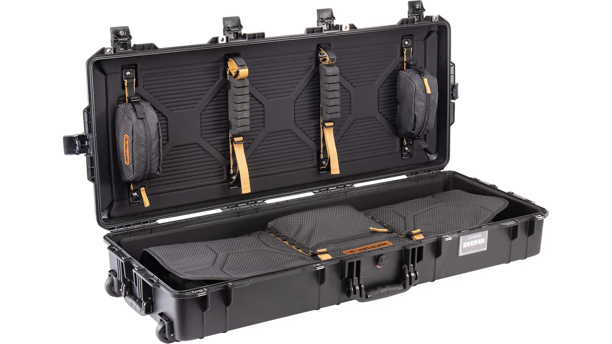 Pelican listing image: open black long hard case with padded mesh interior, lid pouches and wheels