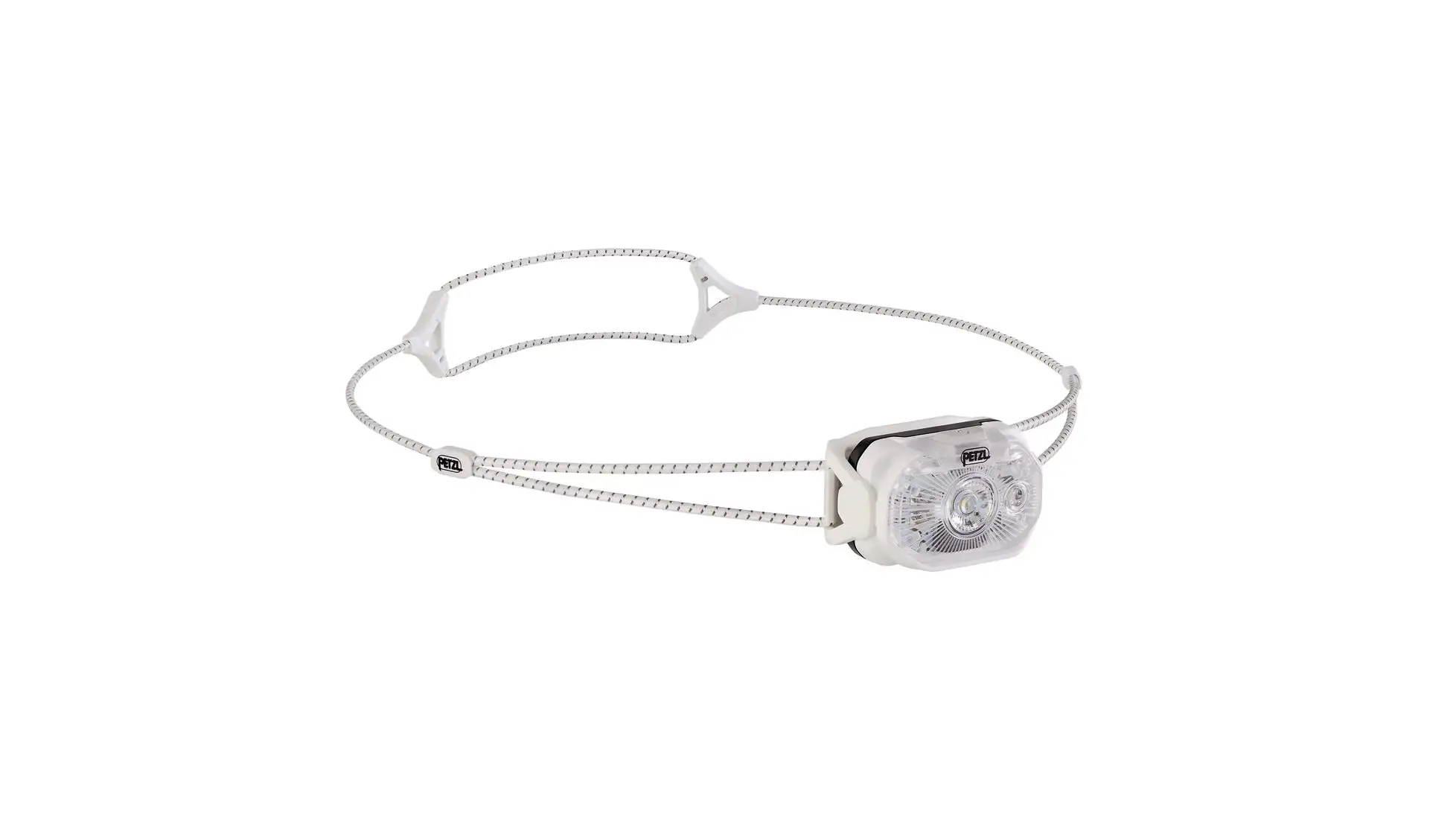 Petzl headlamp in white with a thin elastic cord band printed with PETZL