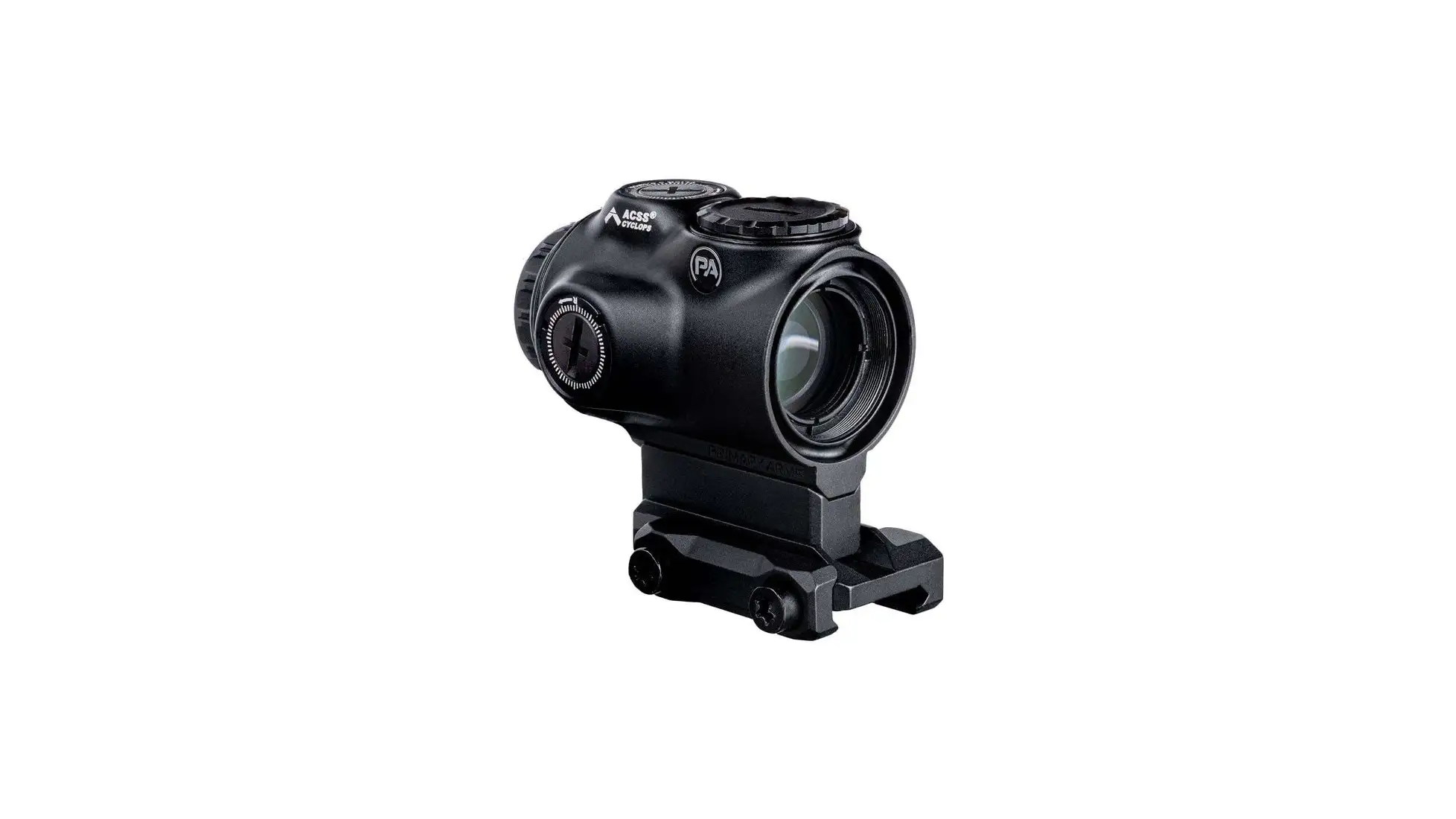 Primary Arms GLx 1x MicroPrism prismatic red dot sight in black with the mini-ACOG footprint mounting base