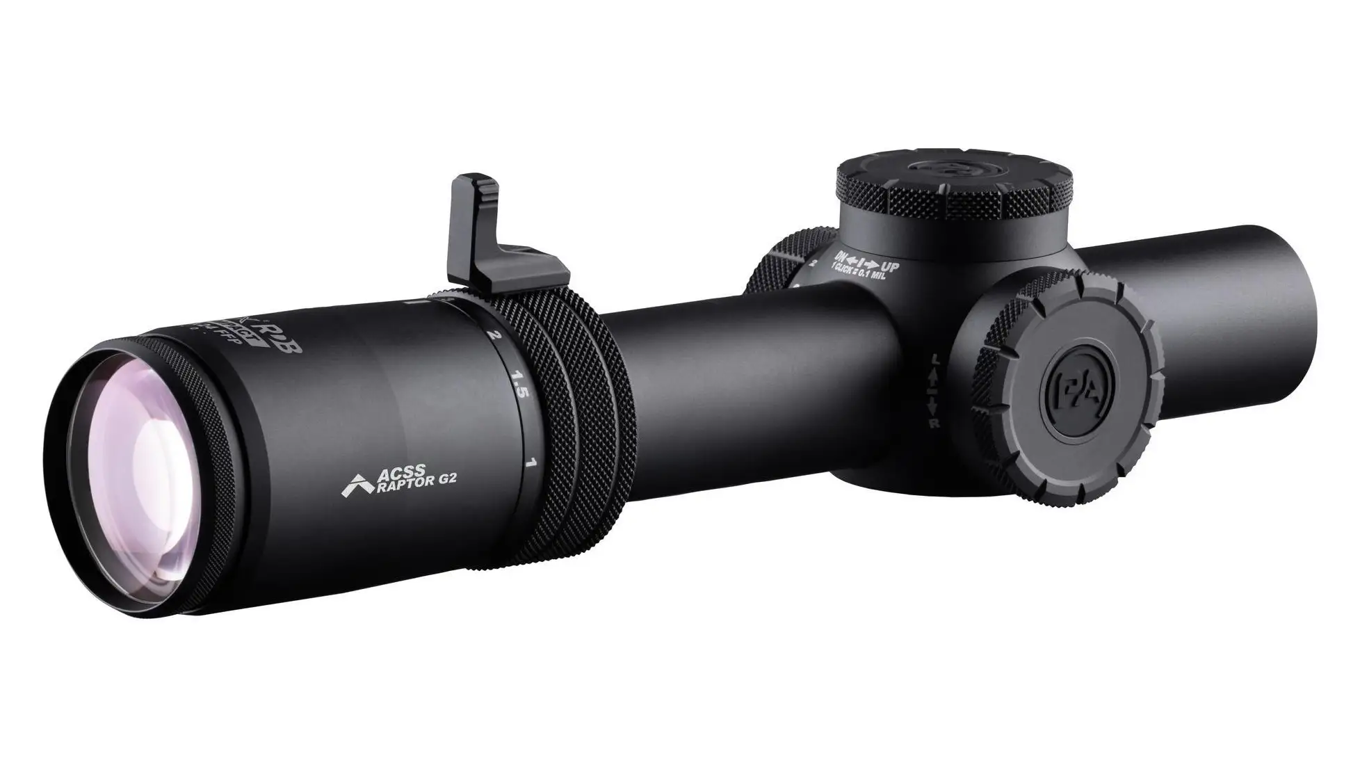 Black low-power variable riflescope with ACSS Raptor G2 marking on the eyepiece and throw lever