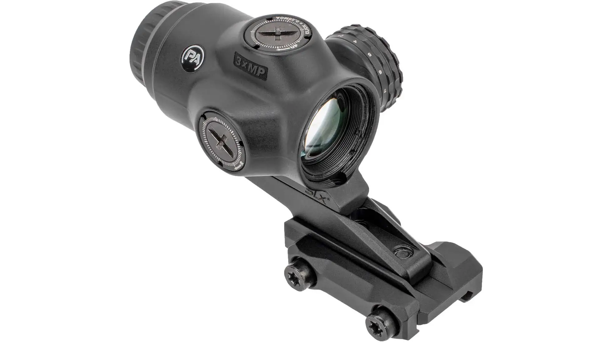 Primary Arms SLx 3x MicroPrism prism scope in black with a green illuminated ACSS Raptor reticle