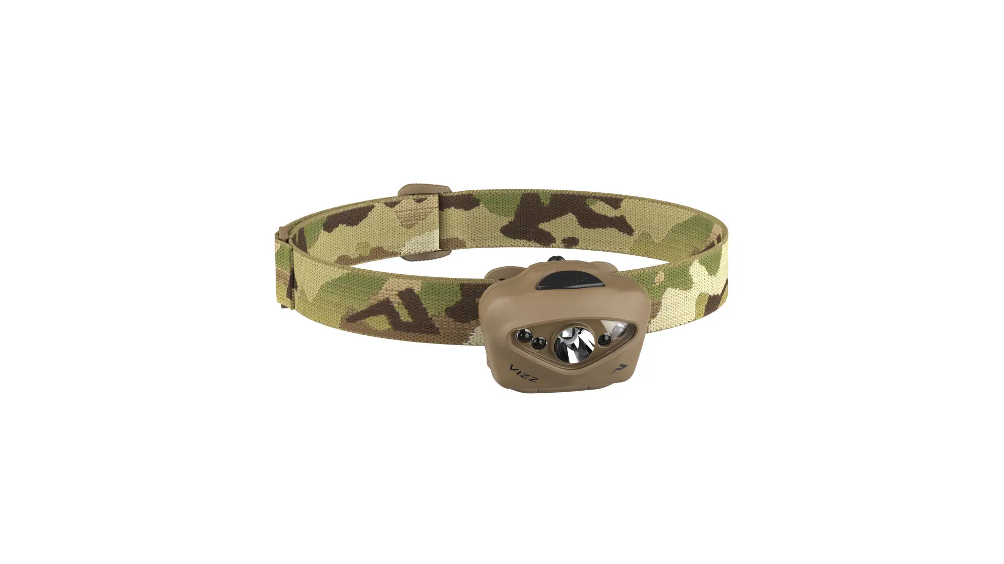 Princeton Tec Vizz headlamp with a tan housing and multicolor LEDs on a MultiCam-pattern strap