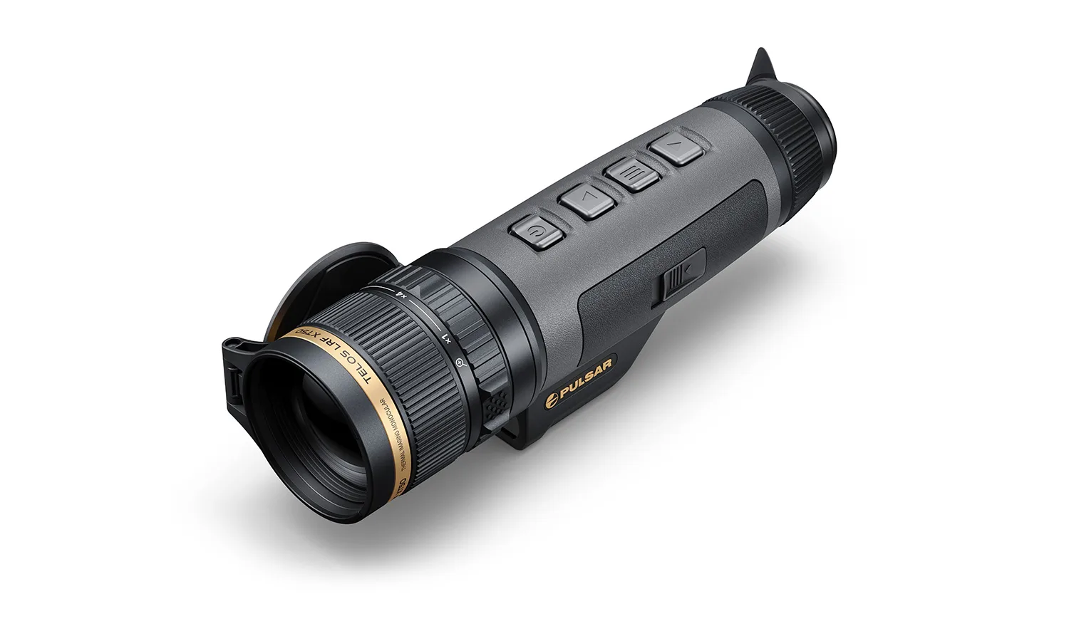 Pulsar Telos LRF XT50 from above, showing its four control buttons and open lens cap (Pulsar render)