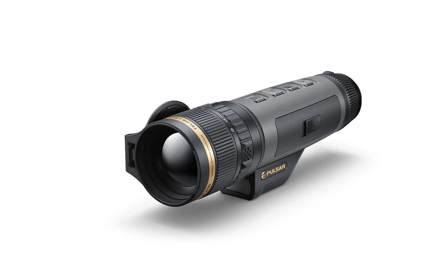 Pulsar Telos LRF XT50 thermal monocular, front three-quarter view showing the objective lens (Pulsar render)