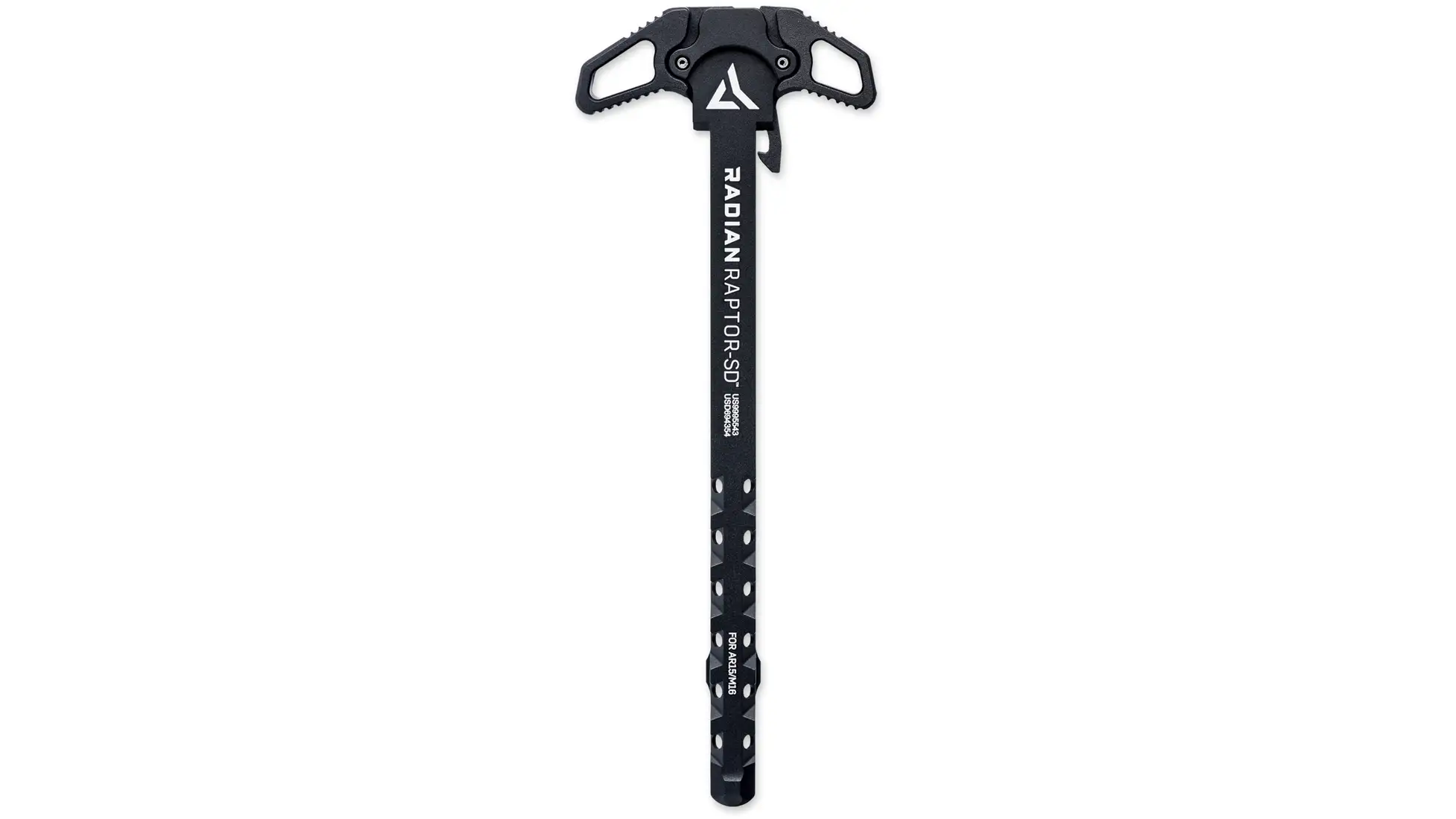 Radian Raptor SD ambidextrous charging handle in black with RAPTOR-SD and lightening cuts on the shaft