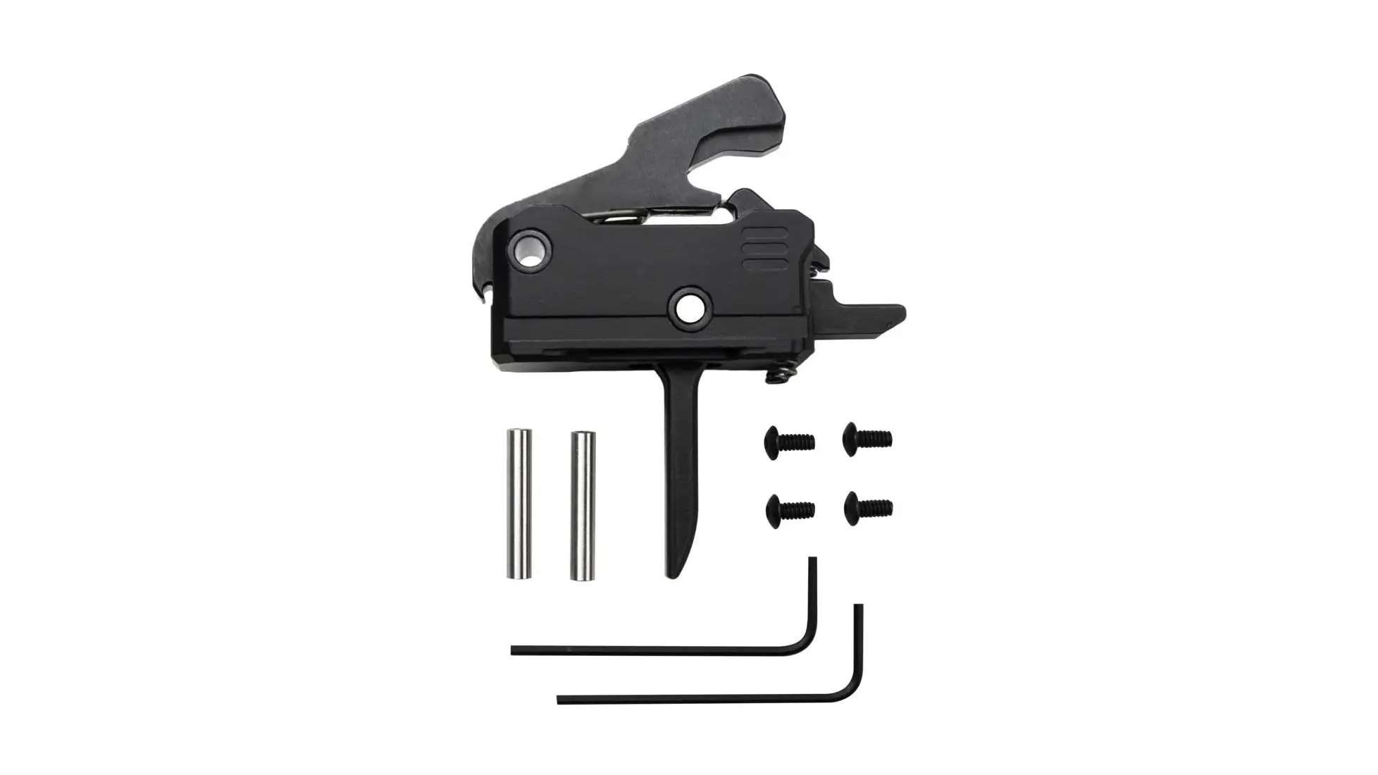 RISE Armament Rave 140 drop-in trigger in black with a flat blade, shown with two pins, four screws and two hex keys