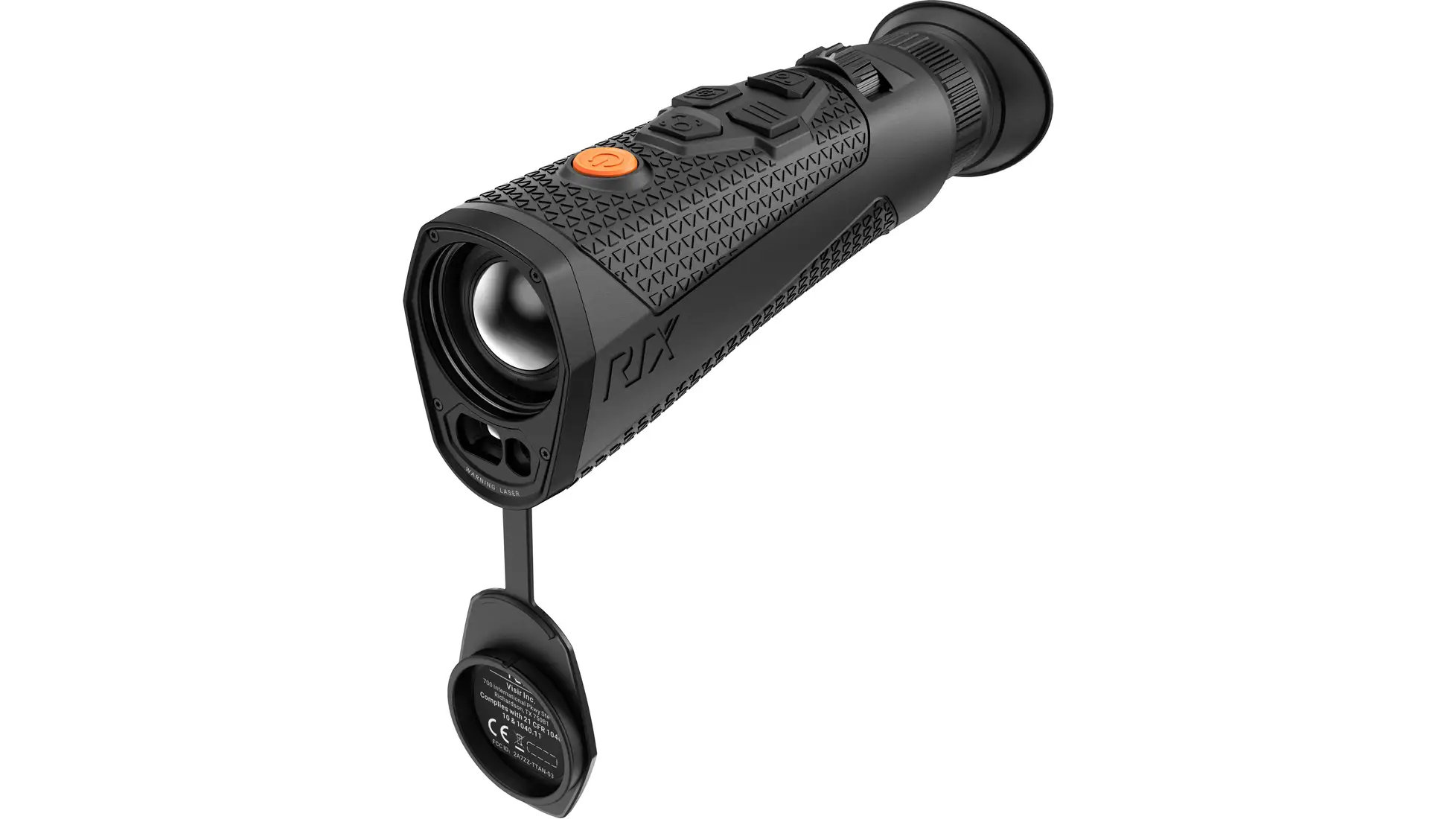 Black RIX handheld thermal monocular with orange button and tethered lens cap