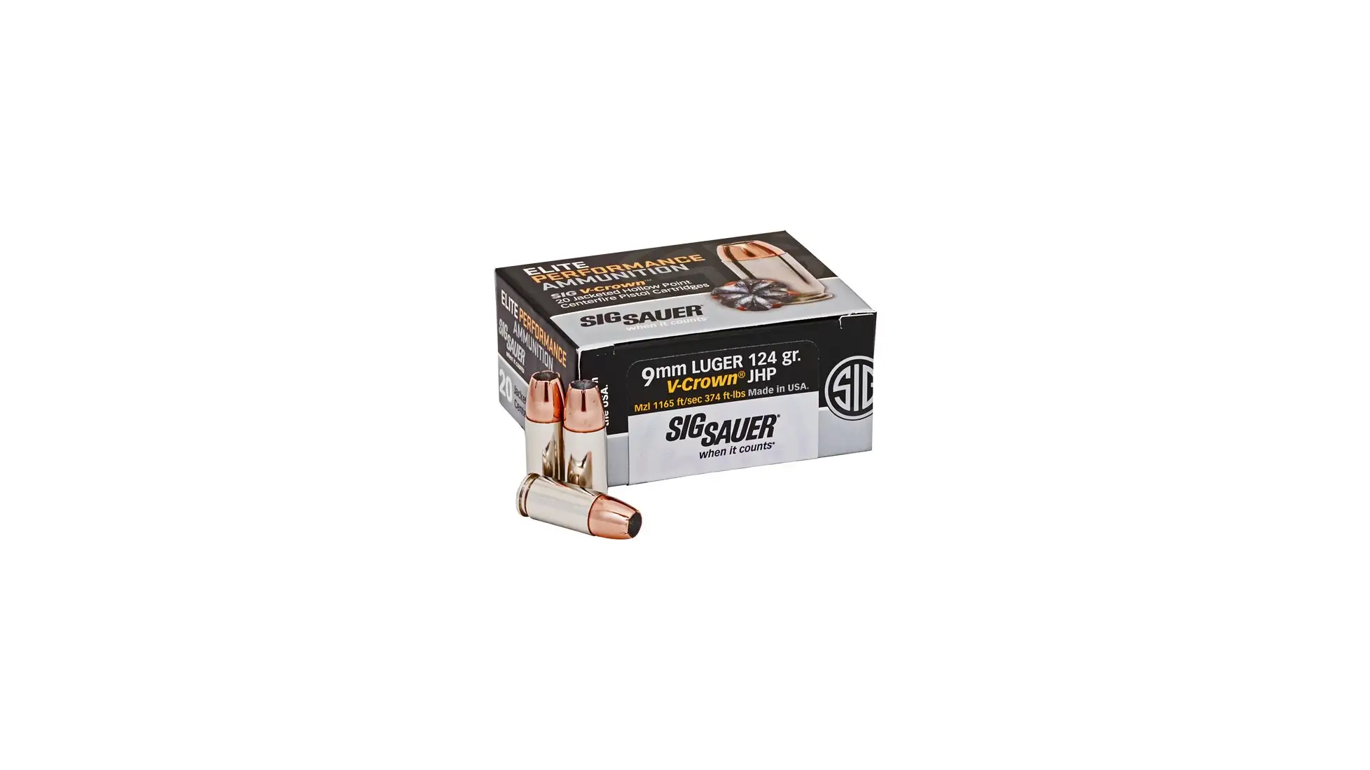 Box of SIG SAUER Elite V-Crown 9mm Luger 124 grain JHP ammunition, 20 rounds, E9MMA2-20