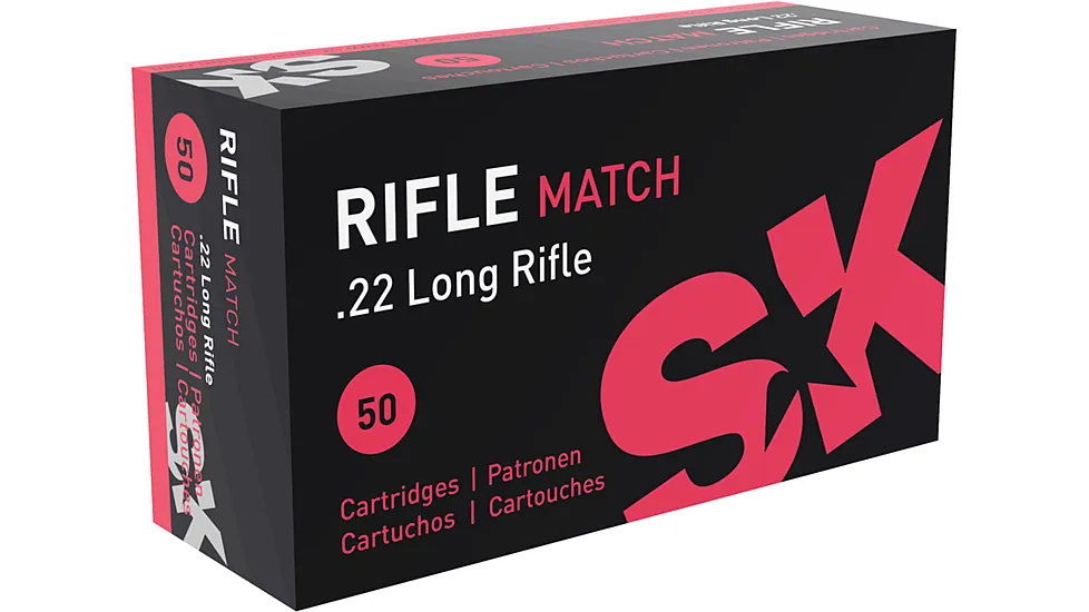 Box of SK Rifle Match .22 Long Rifle 40 grain lead round nose ammunition, 50 rounds, 420108