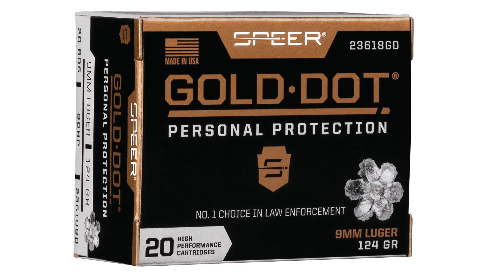 Box of Speer Gold Dot 9mm Luger 124 grain hollow point ammunition, 20 rounds, 23618GD