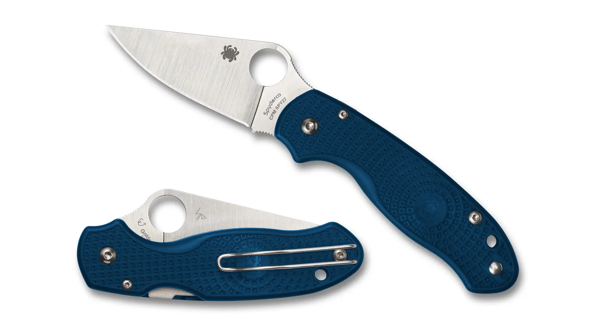 Spyderco Para 3 folding knife (shown: a blue FRN handle version, not the black G-10 model on this card)
