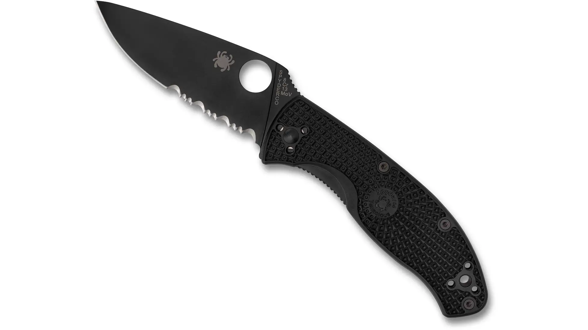 Spyderco Tenacious partially serrated folding knife (shown: an FRN handle version, not the G-10 model on this card)