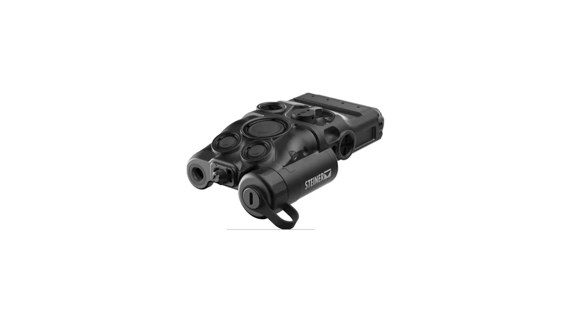 Steiner black laser aiming module with multiple emitter windows and rail clamp (OpticsPlanet listing photo)