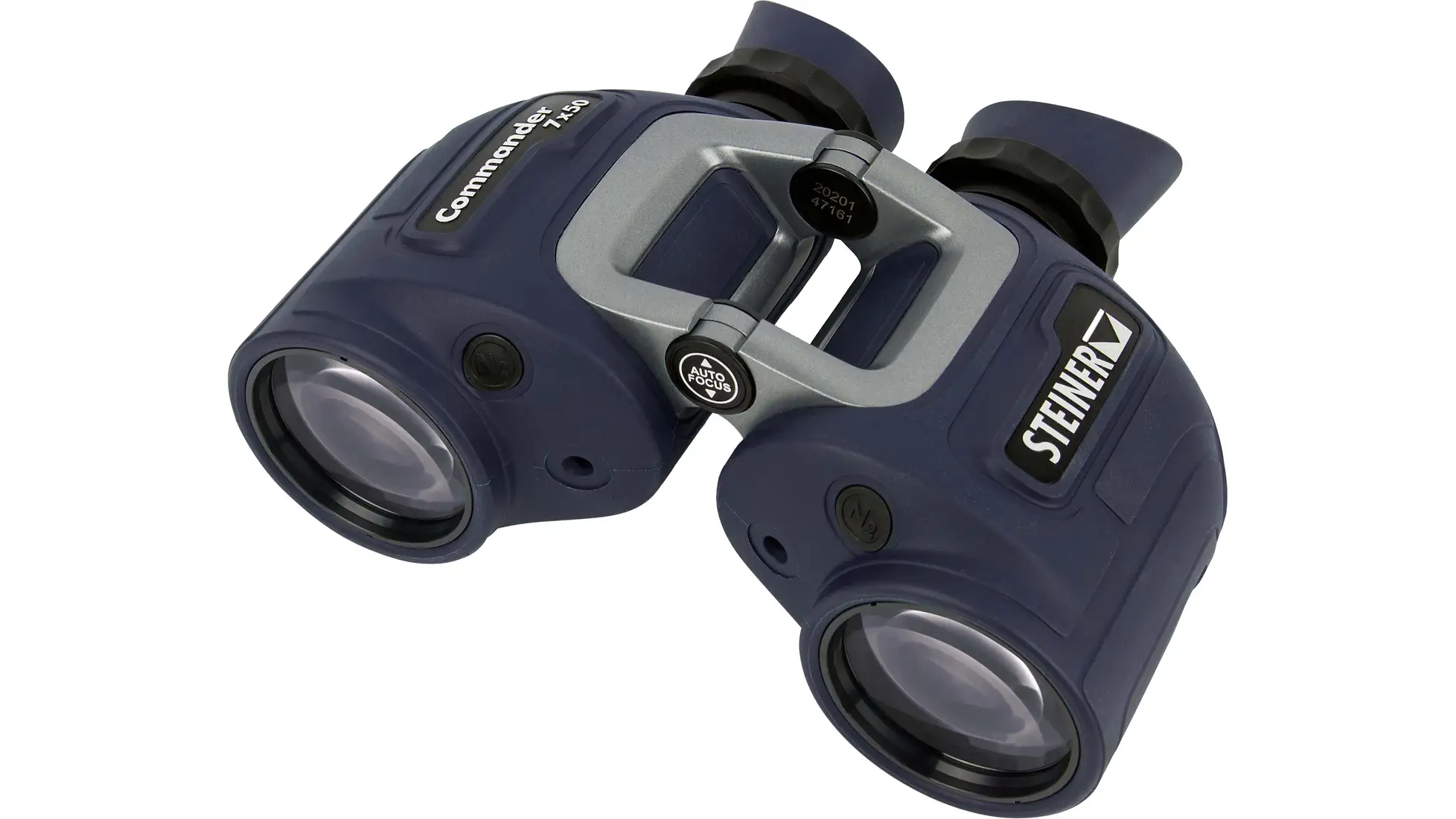Navy blue Steiner Commander 7x50 binoculars with a plain top and no compass dial
