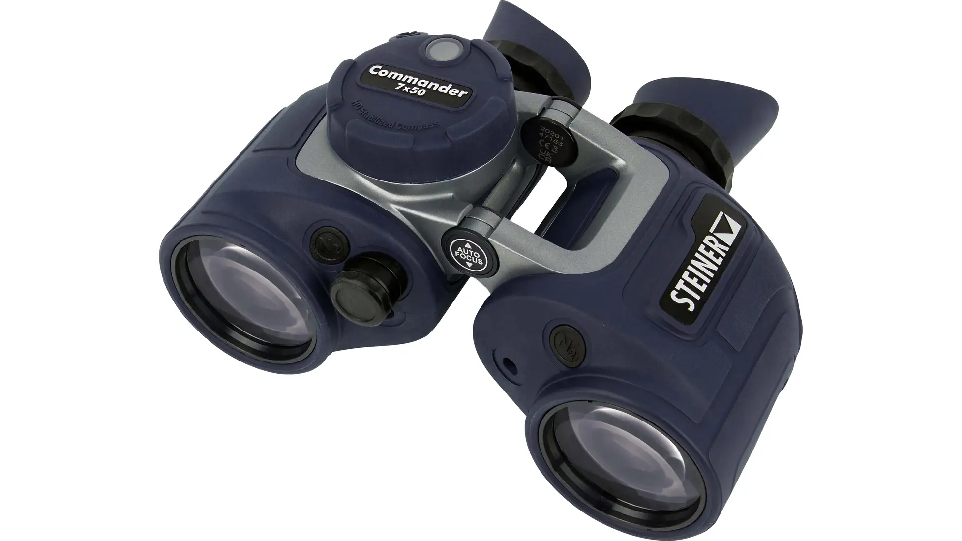 Navy blue Steiner Commander 7x50 binoculars with a compass housing on top of the body
