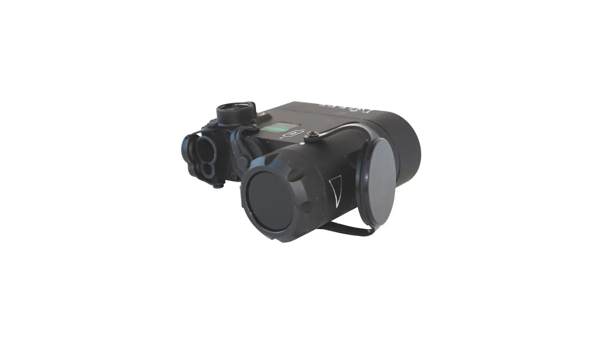 Black box-shaped aiming laser device with twin apertures, tethered lens cap and rail clamp