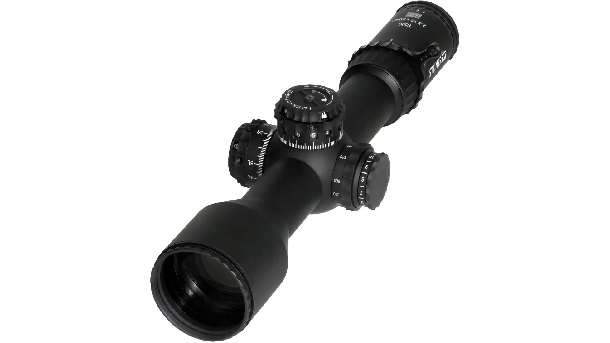Steiner T6Xi 2.5-15x50 riflescope in black with mRAD-marked elevation turret and throw lever