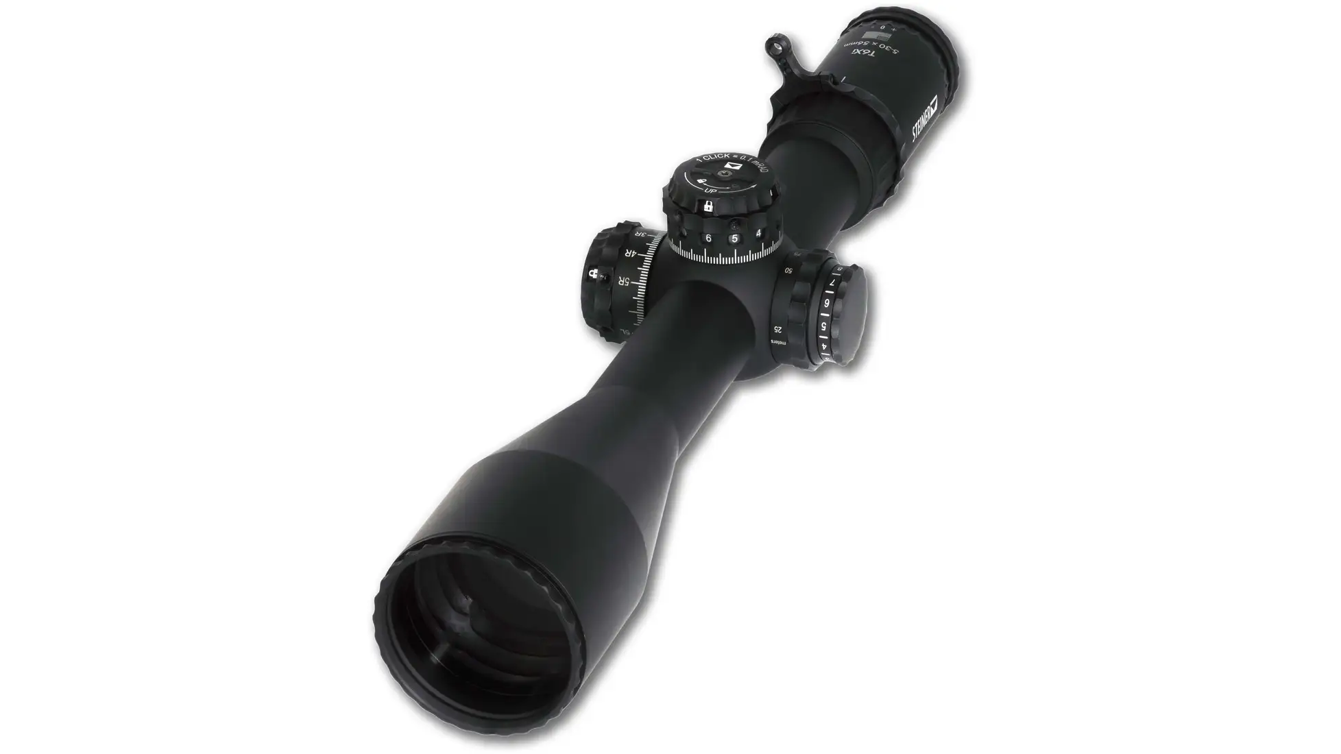 Steiner T6Xi 5-30x56 riflescope in black with 0.1 mRAD turrets and throw lever