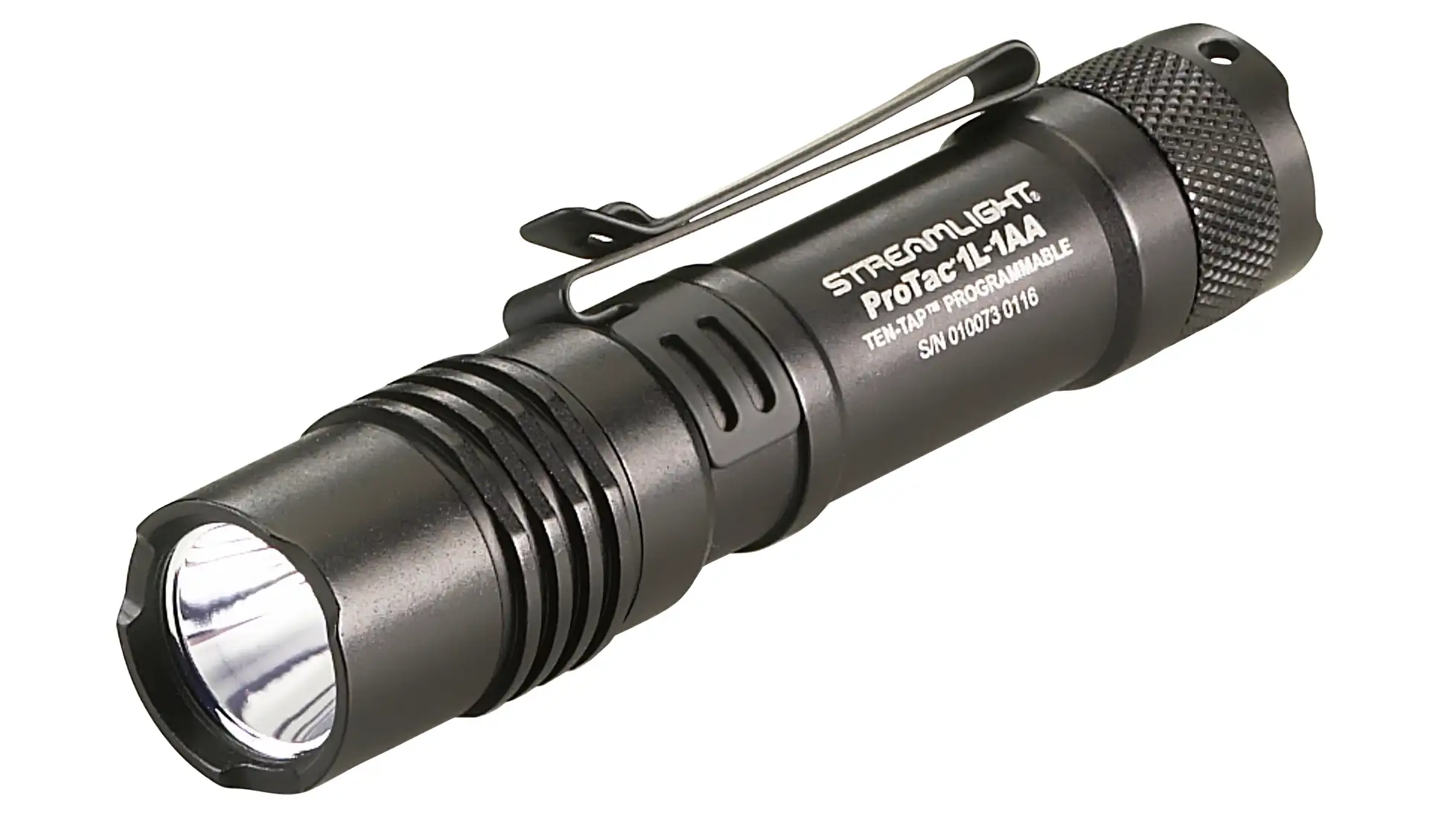 Streamlight ProTac 1L-1AA flashlight in black with a pocket clip and the ProTac 1L-1AA name printed on the body