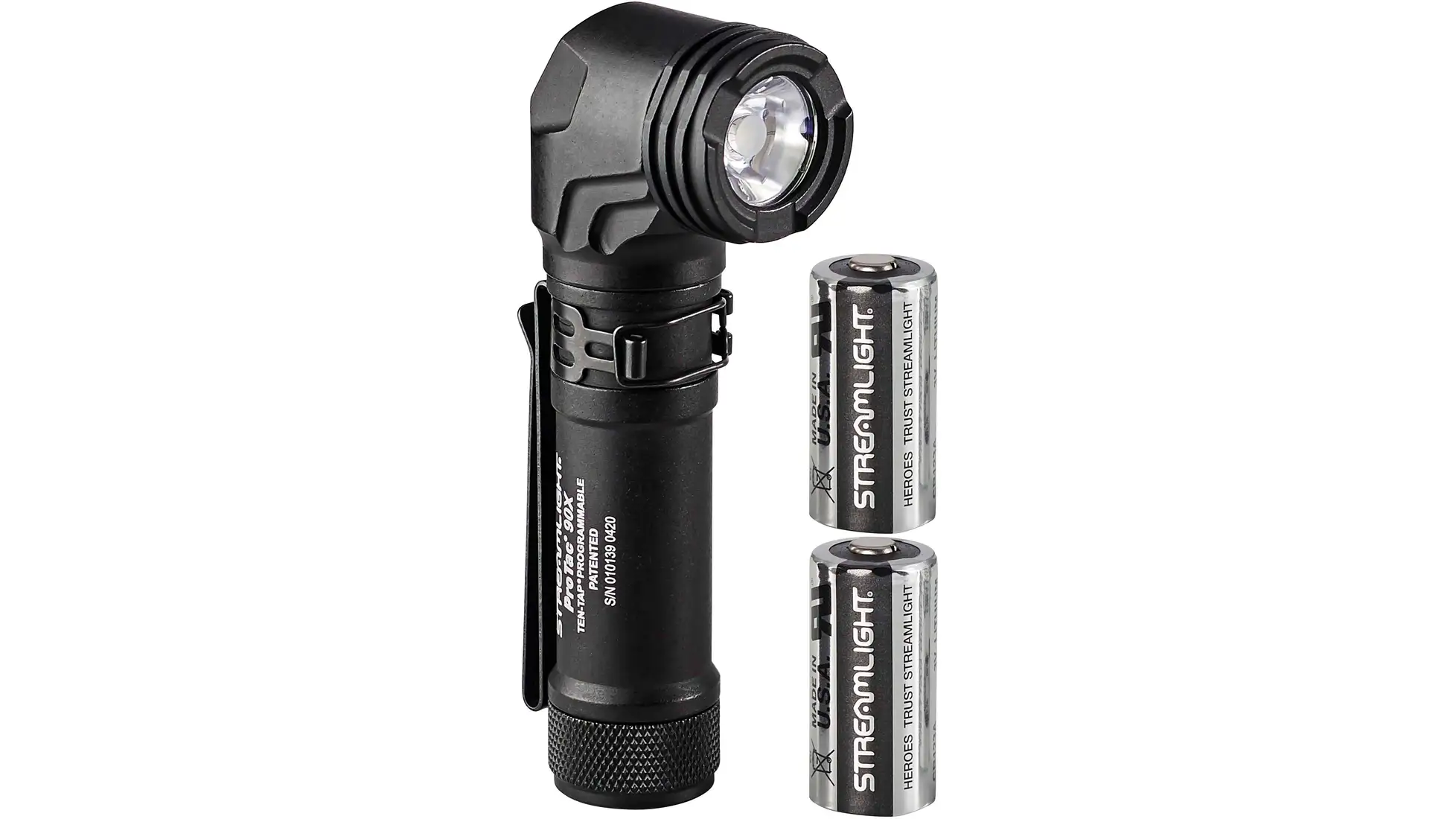 Streamlight ProTac 90X right-angle flashlight in black with a pocket clip, shown with two Streamlight CR123A batteries