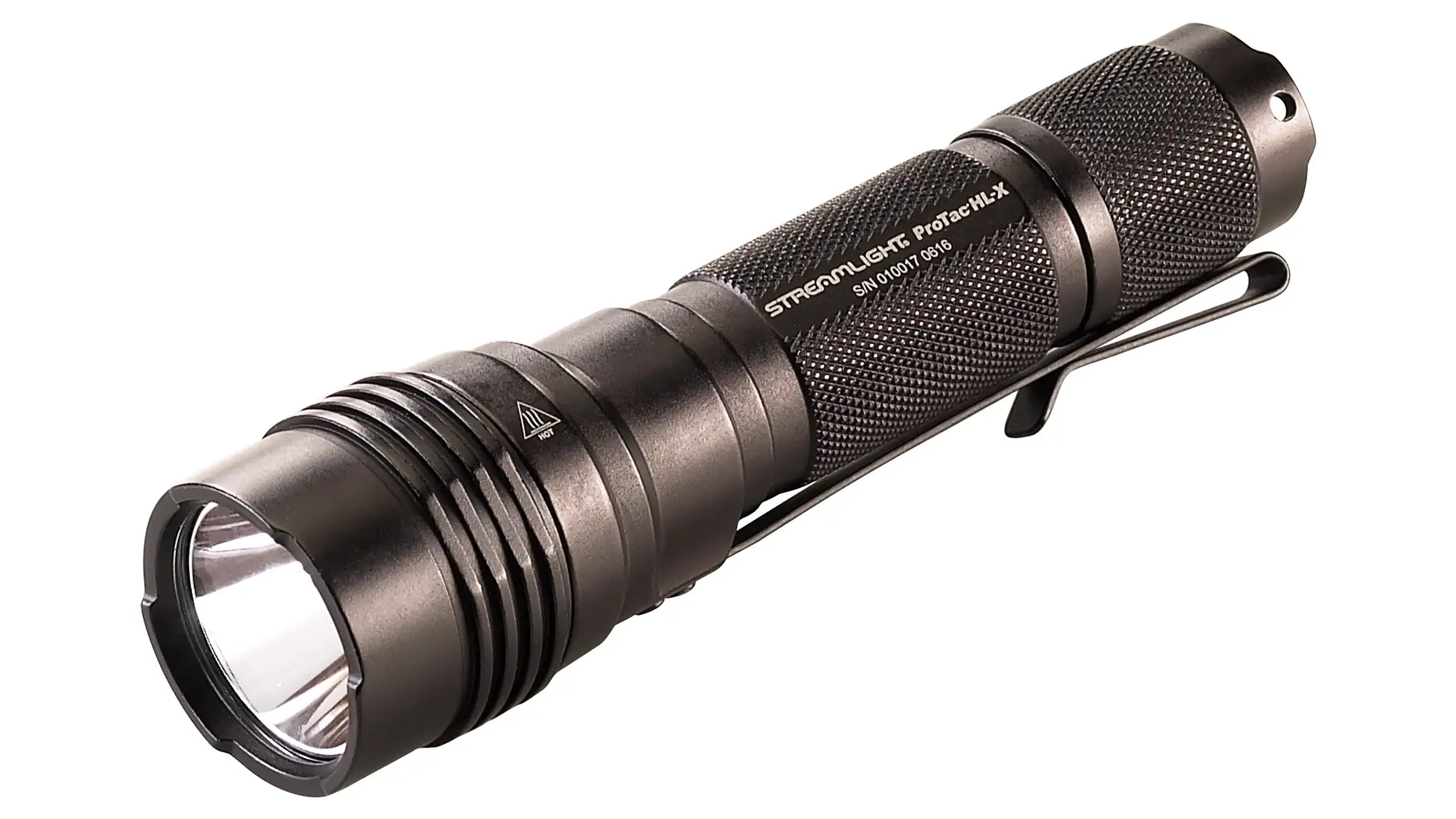 Streamlight ProTac HL-X flashlight in black with a pocket clip and the ProTac HL-X name printed on the body