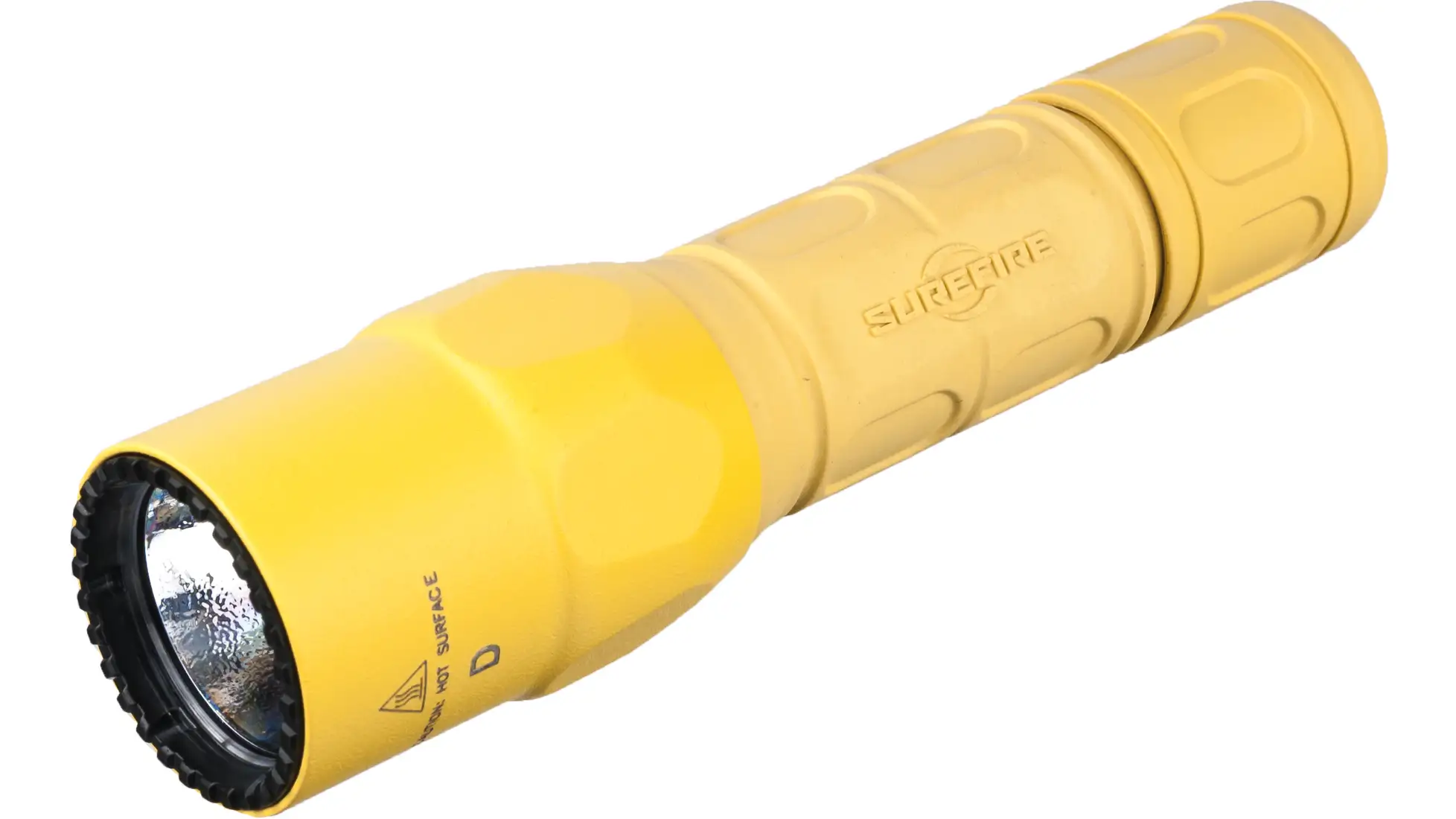 SureFire G2X Pro flashlight shown in yellow (G2X-D-YL), with SUREFIRE on the body and a black ring at the bezel