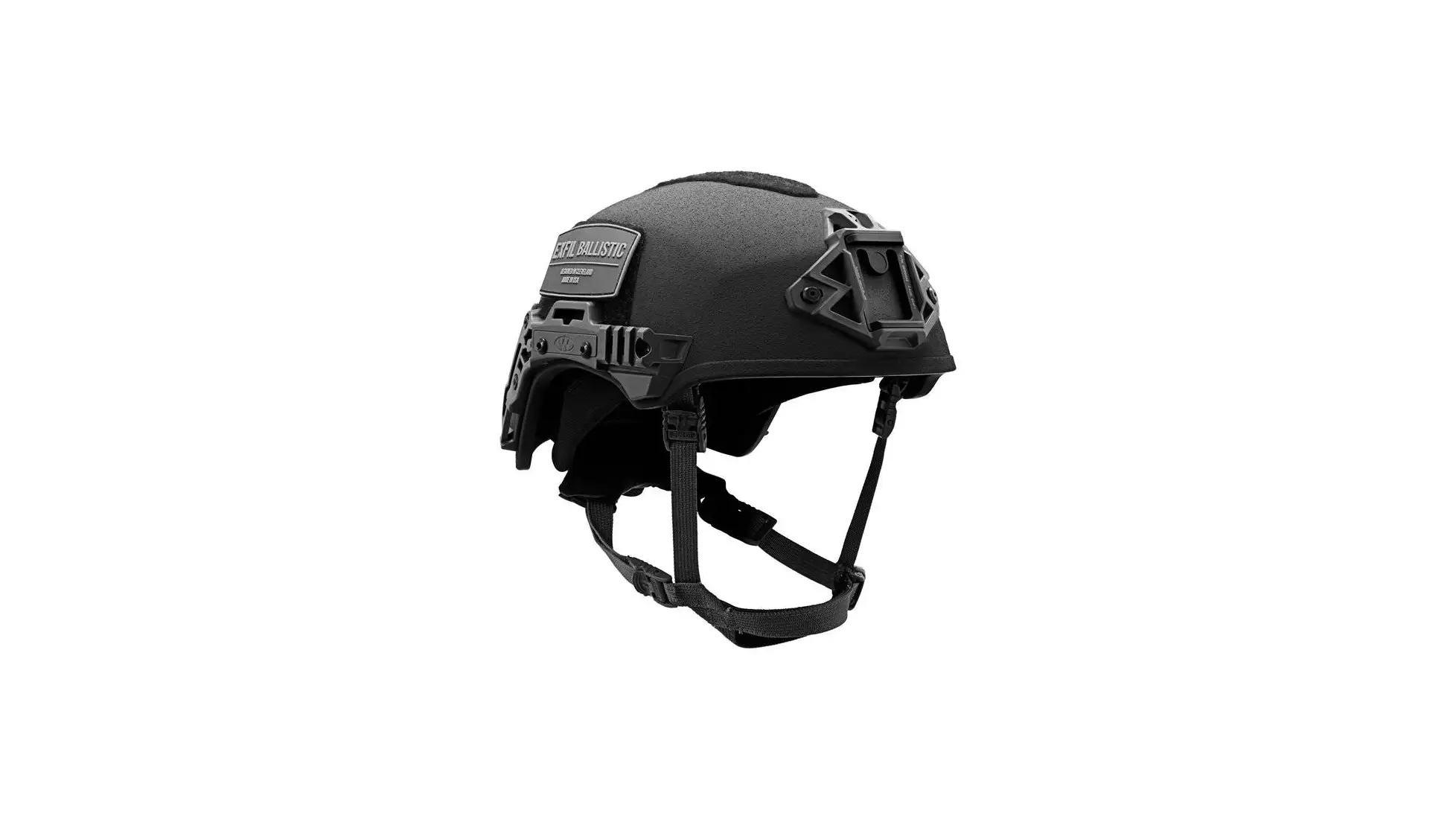 Black helmet without vent holes, with side rails, a front shroud mount, chin harness and a small, partly legible EXFIL BALLISTIC label at the front; the retailer's image file is labelled for a Left Eye Dominant black row, not the standard Medium/Large row we price
