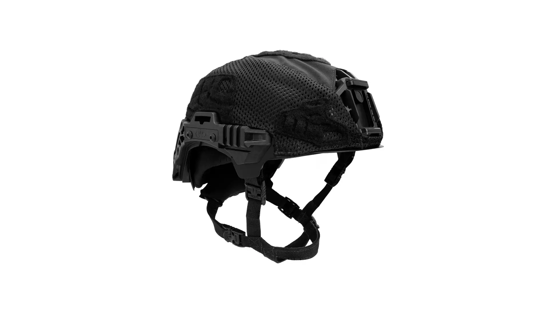 Black helmet whose surface shows a mesh-like pattern (shell texture or a cover, not clear at this size), side rails, a front shroud mount and chin harness; the retailer's image file is labelled for the Black Medium/Large row, not the Black 2XL row we price