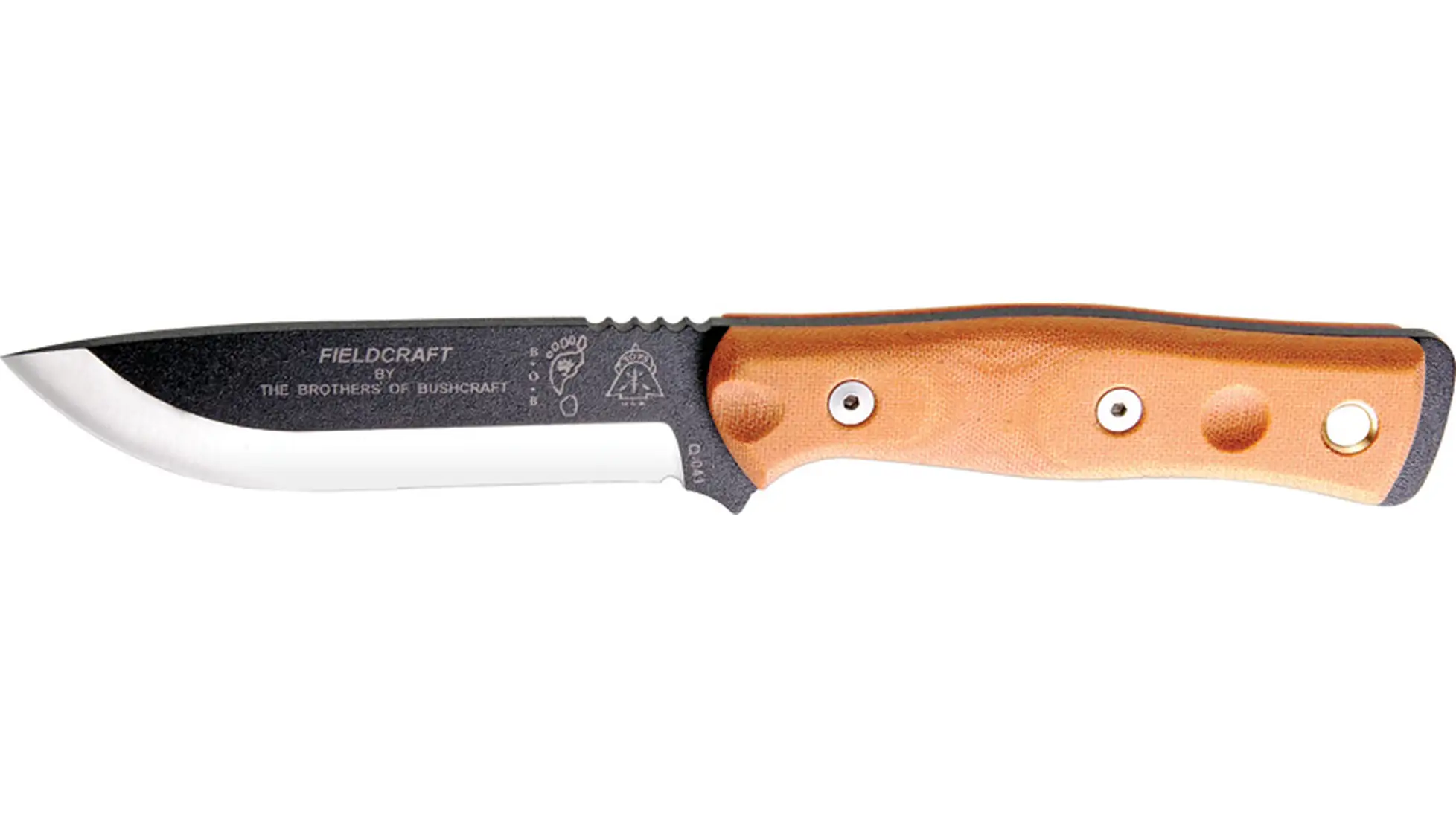 TOPS Fieldcraft by Brothers of Bushcraft fixed blade knife with a black blade and tan handle