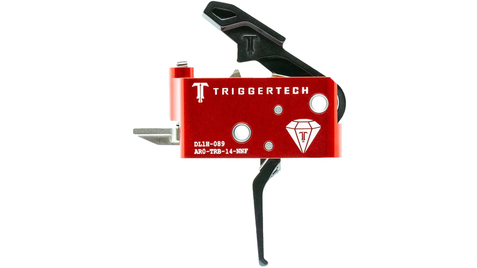 TriggerTech AR-15 Diamond trigger with a red housing and a flat black blade