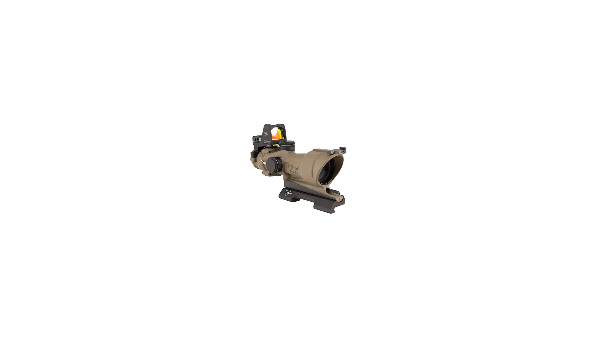 Trijicon ACOG 4x32 ECOS with amber crosshair, backup iron sights, quick release mount and RMR Type 2 red dot, Cerakote FDE