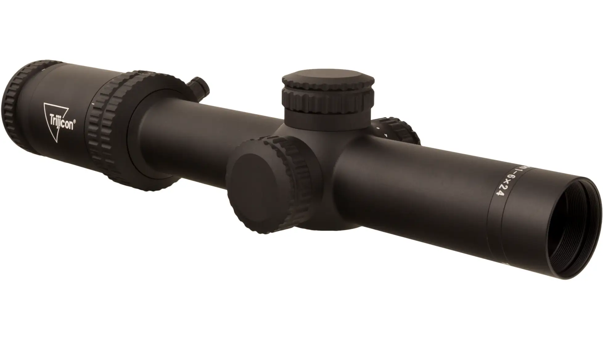 Trijicon Credo 1-6x24 rifle scope in black with capped turrets, side view; the variant pictured may differ from the row we price