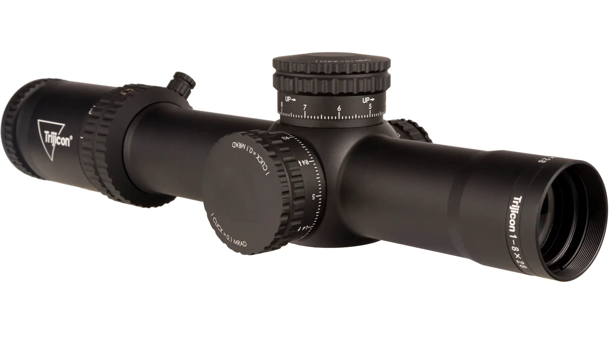 Trijicon Credo 1-8x28 rifle scope in matte black, side view with exposed turrets marked 1 click = 0.1 MRAD (CR828-C-2900032)